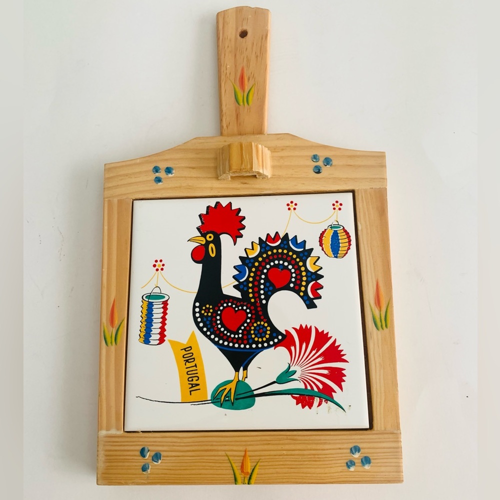 Portuguese Rooster Ceramic Tile and Wooden Trivet or Wall Decor Multicolor